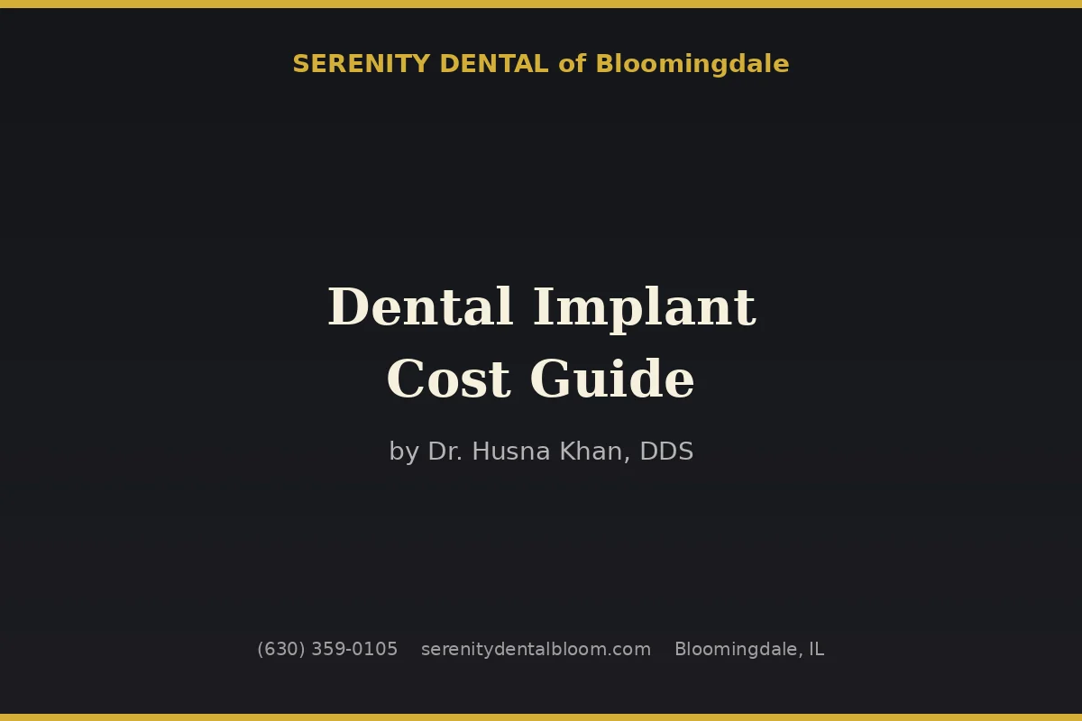 Dental implant cost consultation at Serenity Dental of Bloomingdale: Dr. Husna Khan reviews an itemized estimate showing implant post, abutment, crown, CBCT, and bone grafting costs with a patient